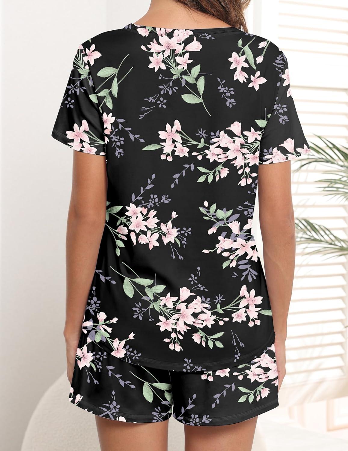 imageEkouaer Womens Pajamas Sets Short Sleeve Lounge Sets Sleepwear Casual Two Piece Pjs With PocketsBlack Floral