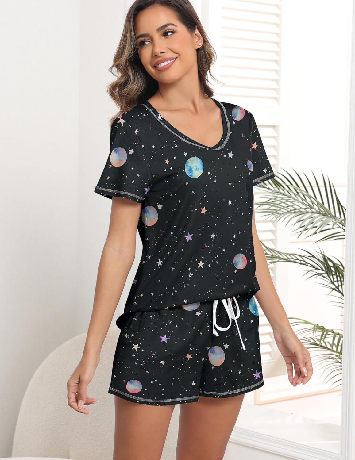 imageEkouaer Womens Pajamas Sets Short Sleeve Lounge Sets Sleepwear Casual Two Piece Pjs With PocketsBlack Moon