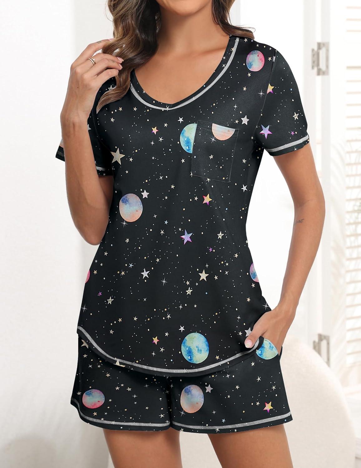 imageEkouaer Womens Pajamas Sets Short Sleeve Lounge Sets Sleepwear Casual Two Piece Pjs With PocketsBlack Moon