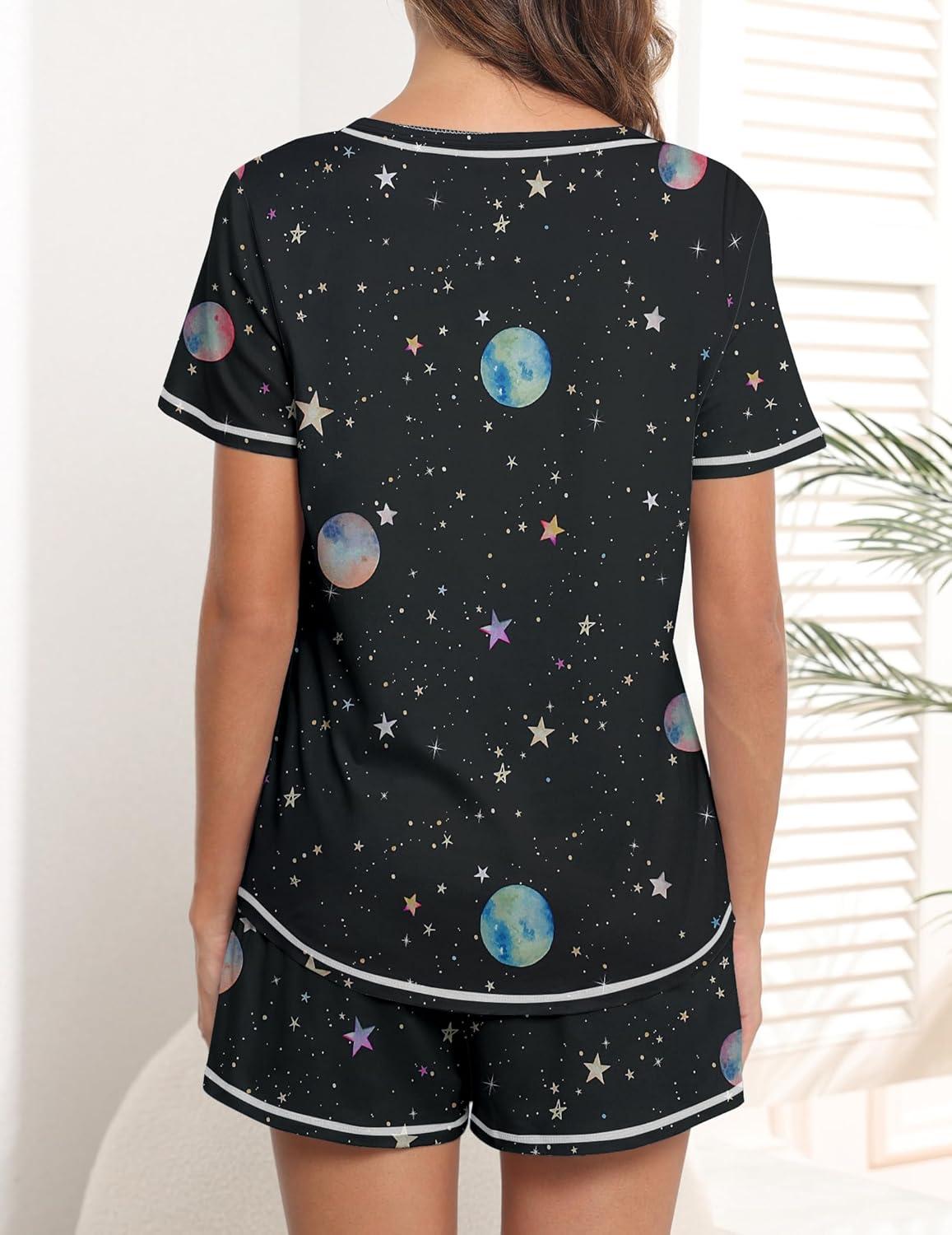 imageEkouaer Womens Pajamas Sets Short Sleeve Lounge Sets Sleepwear Casual Two Piece Pjs With PocketsBlack Moon