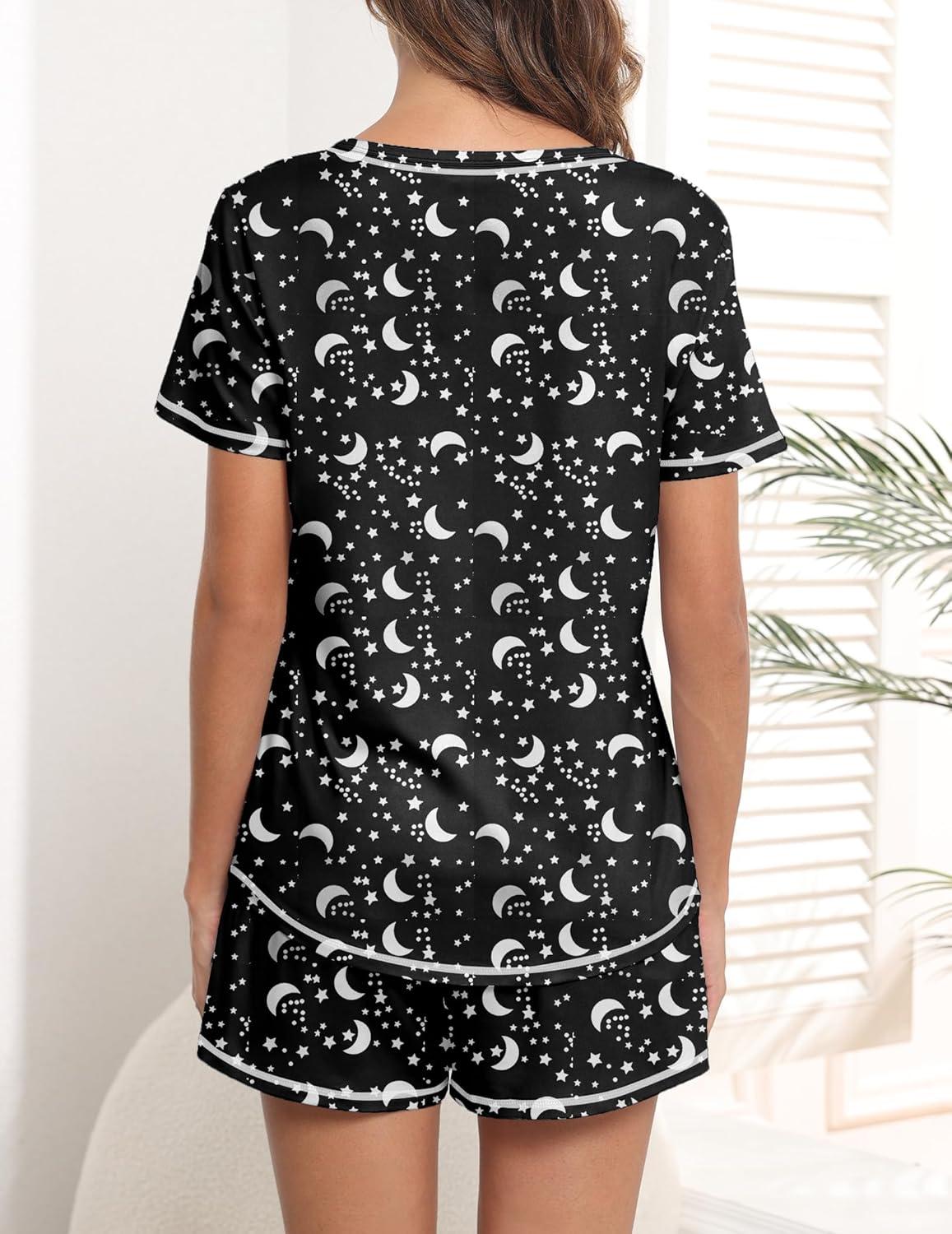 imageEkouaer Womens Pajamas Sets Short Sleeve Lounge Sets Sleepwear Casual Two Piece Pjs With PocketsBlack Moon Star