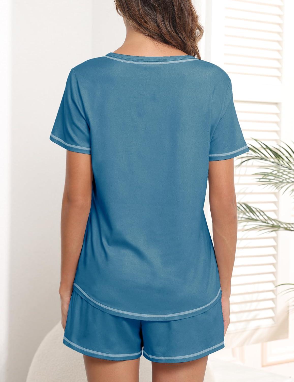 imageEkouaer Womens Pajamas Sets Short Sleeve Lounge Sets Sleepwear Casual Two Piece Pjs With PocketsBlue Green