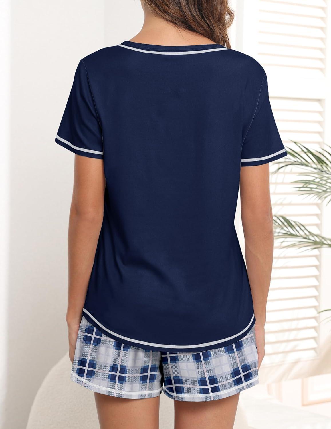 imageEkouaer Womens Pajamas Sets Short Sleeve Lounge Sets Sleepwear Casual Two Piece Pjs With PocketsBlue White Plaid