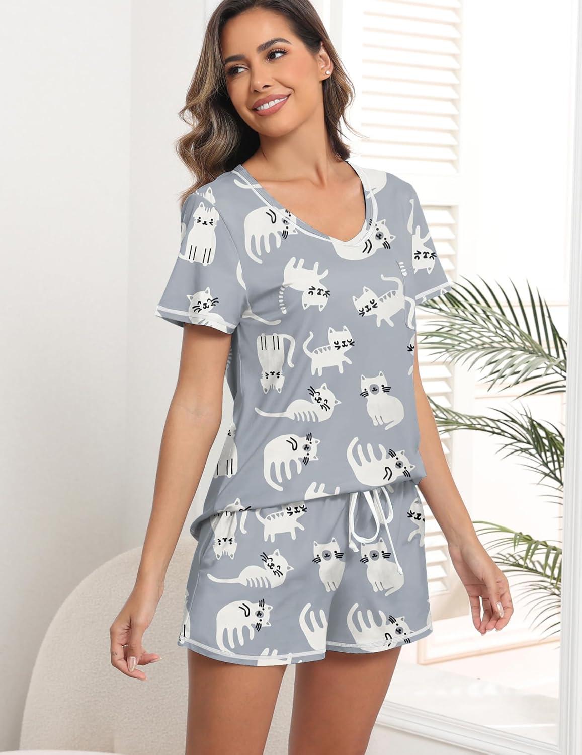 imageEkouaer Womens Pajamas Sets Short Sleeve Lounge Sets Sleepwear Casual Two Piece Pjs With PocketsCat
