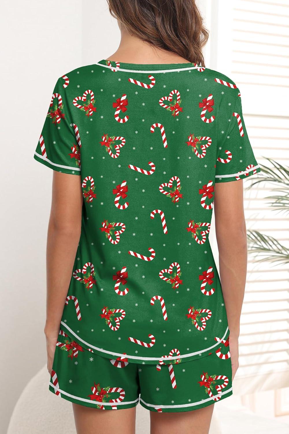 imageEkouaer Womens Pajamas Sets Short Sleeve Lounge Sets Sleepwear Casual Two Piece Pjs With PocketsChristmas Cane Green