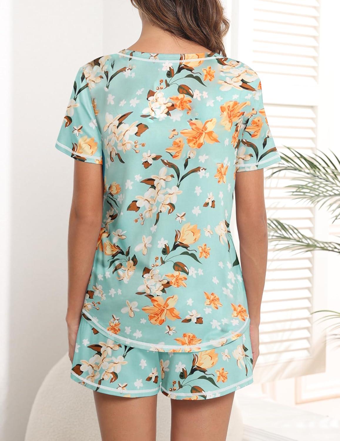 imageEkouaer Womens Pajamas Sets Short Sleeve Lounge Sets Sleepwear Casual Two Piece Pjs With PocketsGreen Floral