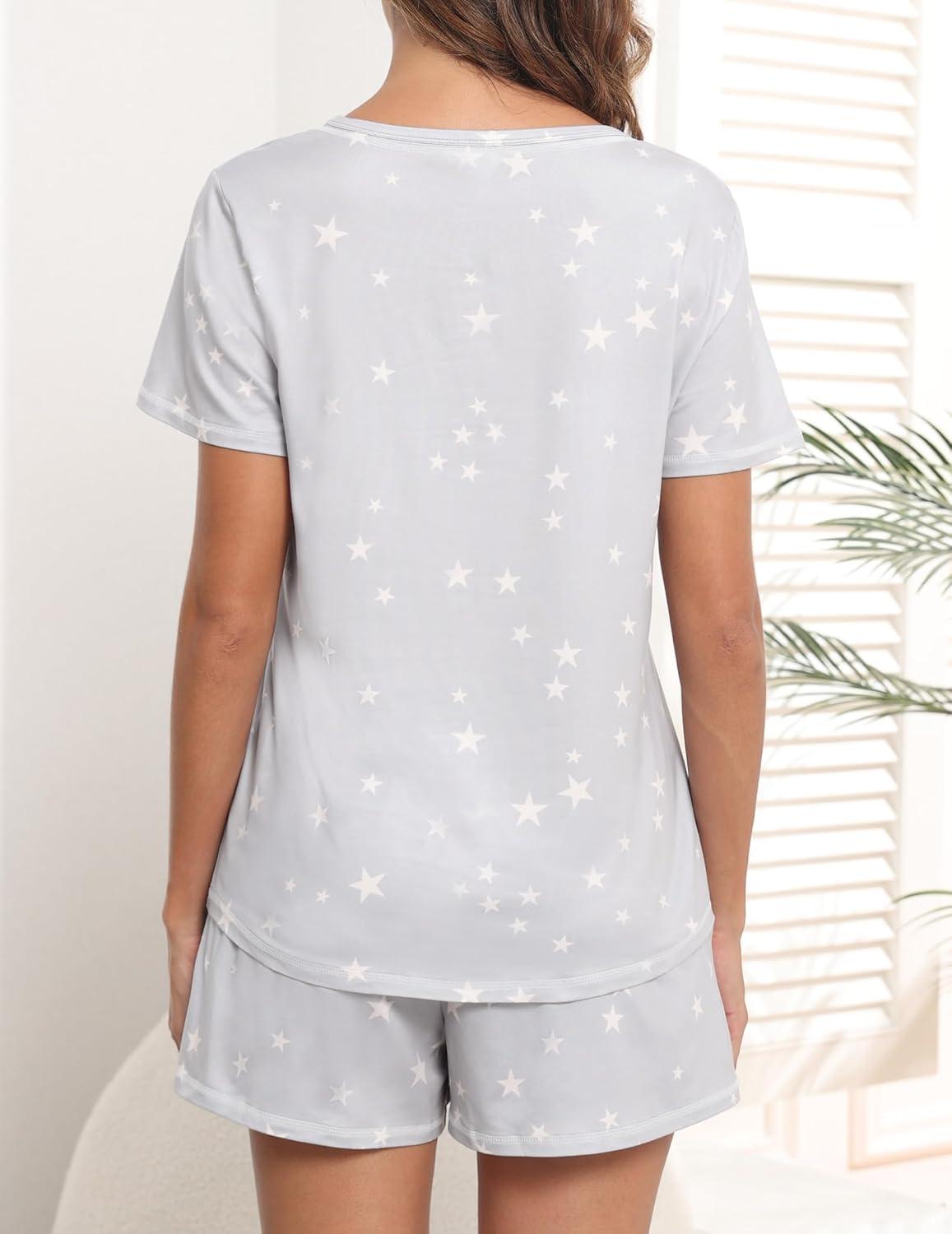 imageEkouaer Womens Pajamas Sets Short Sleeve Lounge Sets Sleepwear Casual Two Piece Pjs With PocketsGrey Star