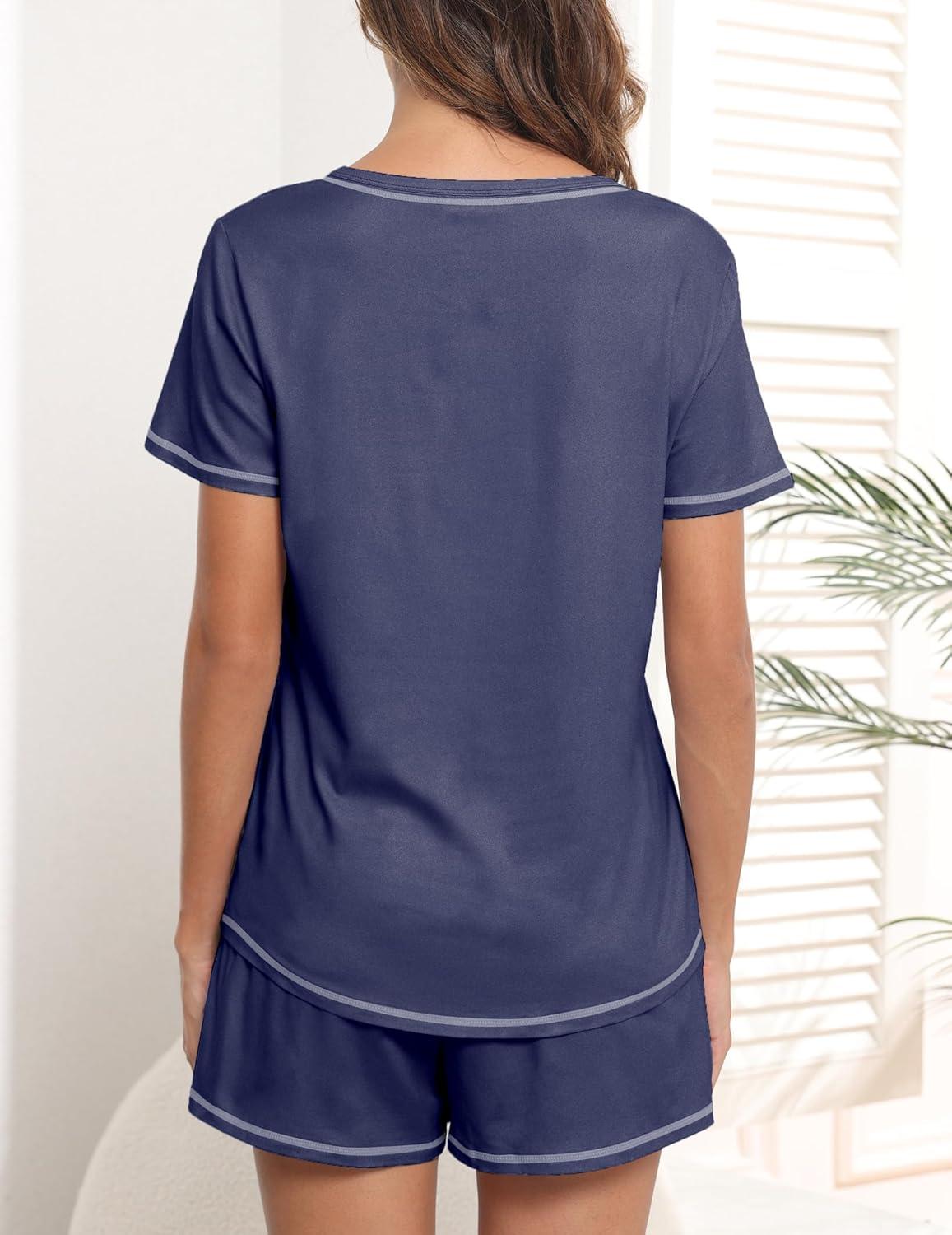 imageEkouaer Womens Pajamas Sets Short Sleeve Lounge Sets Sleepwear Casual Two Piece Pjs With PocketsNavy Blue