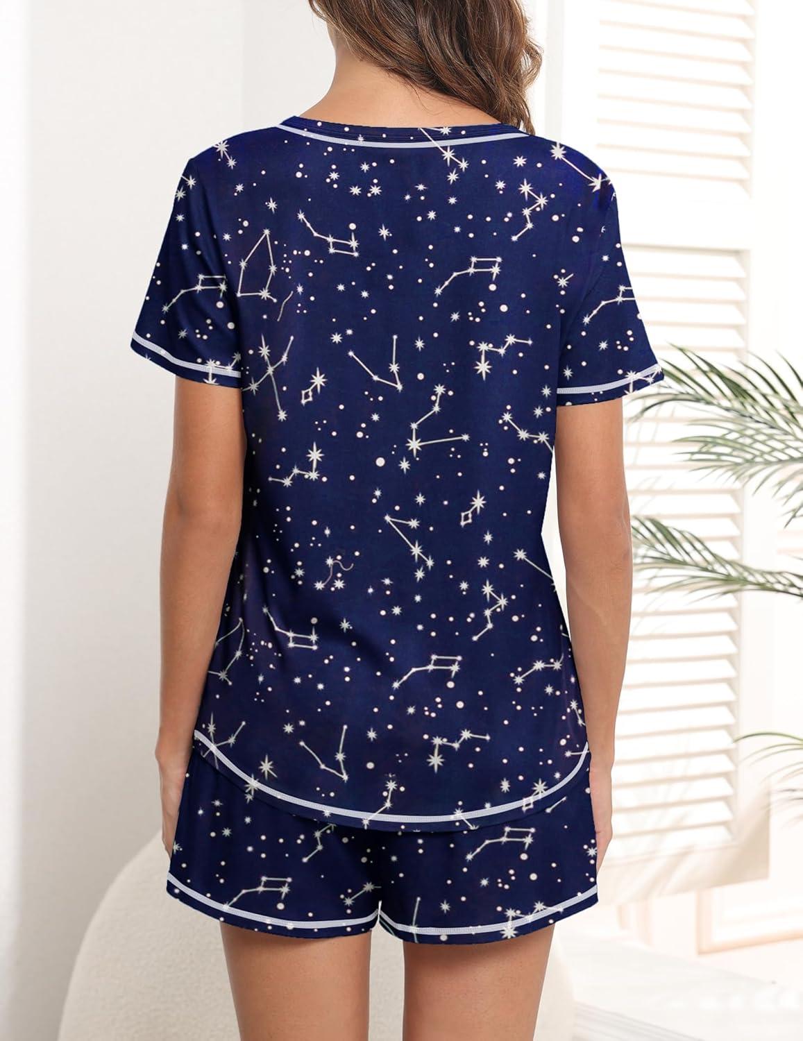 imageEkouaer Womens Pajamas Sets Short Sleeve Lounge Sets Sleepwear Casual Two Piece Pjs With PocketsNavy Blue Star