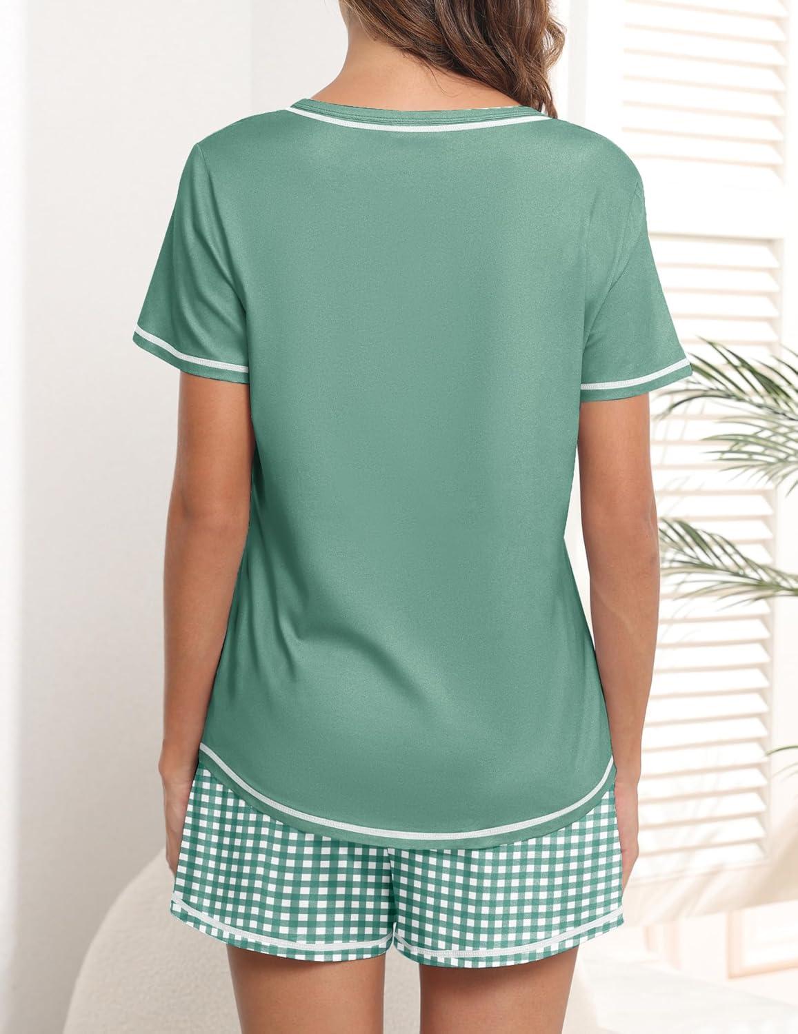 imageEkouaer Womens Pajamas Sets Short Sleeve Lounge Sets Sleepwear Casual Two Piece Pjs With PocketsPlaid Green White