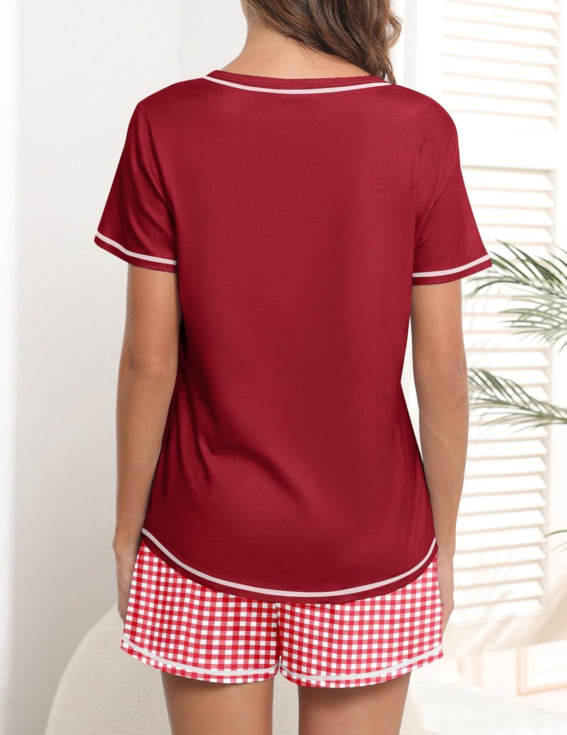 imageEkouaer Womens Pajamas Sets Short Sleeve Lounge Sets Sleepwear Casual Two Piece Pjs With PocketsPlaid Red White