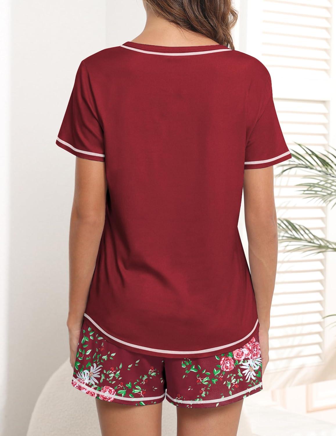 imageEkouaer Womens Pajamas Sets Short Sleeve Lounge Sets Sleepwear Casual Two Piece Pjs With PocketsRed Floral