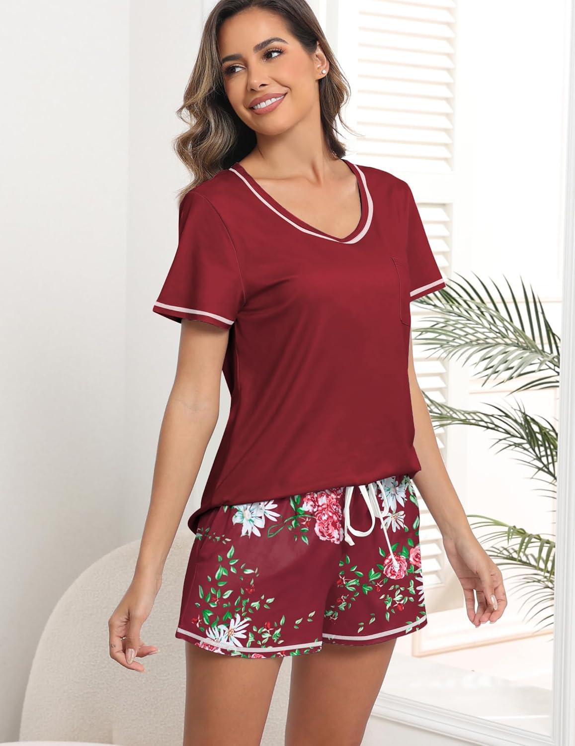 imageEkouaer Womens Pajamas Sets Short Sleeve Lounge Sets Sleepwear Casual Two Piece Pjs With PocketsRed Floral
