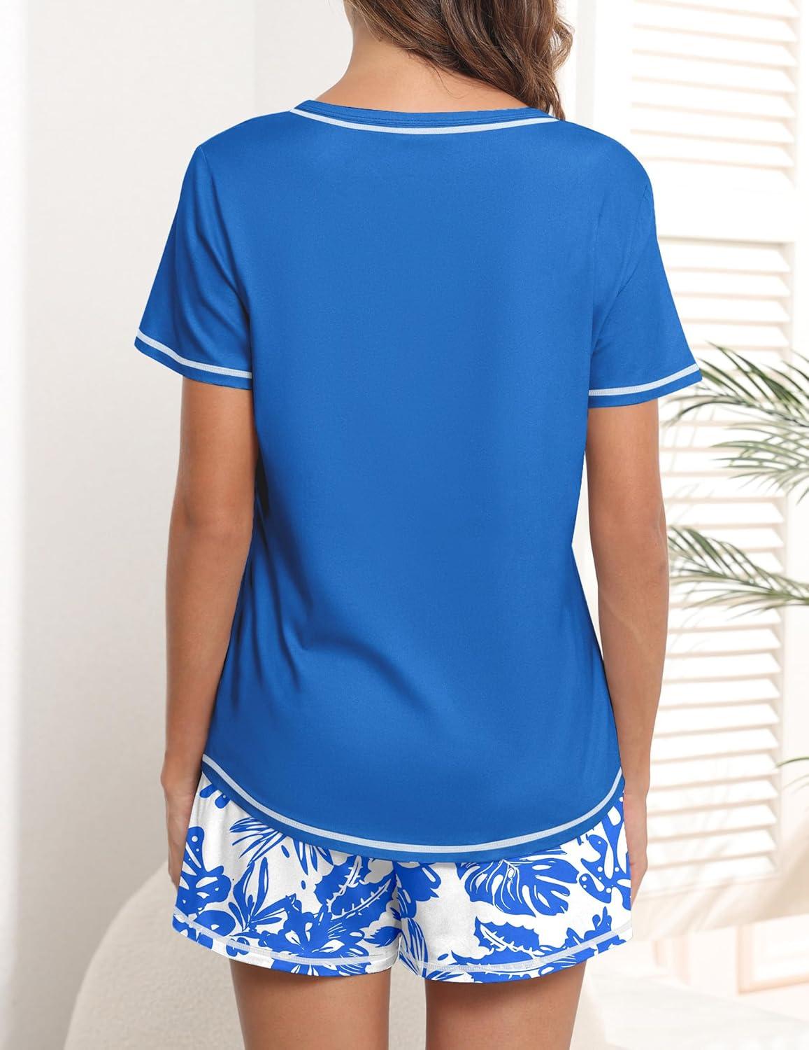 imageEkouaer Womens Pajamas Sets Short Sleeve Lounge Sets Sleepwear Casual Two Piece Pjs With PocketsRoyal Blue Plant