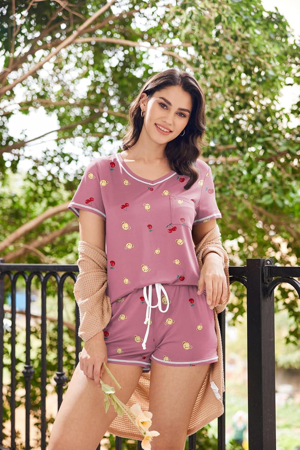 imageEkouaer Womens Pajamas Sets Short Sleeve Lounge Sets Sleepwear Casual Two Piece Pjs With PocketsTeddy Cherry 2