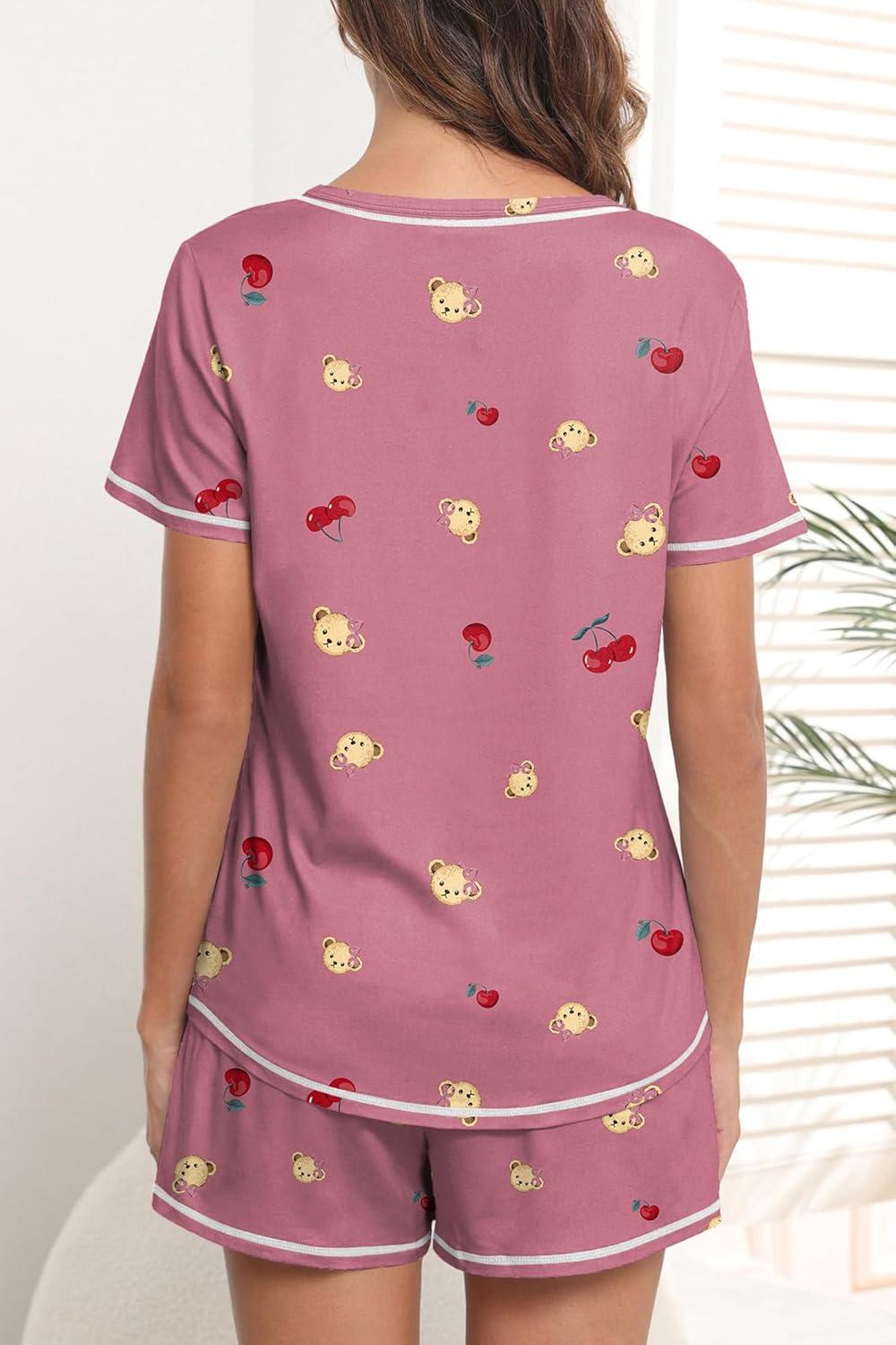 imageEkouaer Womens Pajamas Sets Short Sleeve Lounge Sets Sleepwear Casual Two Piece Pjs With PocketsTeddy Cherry 2