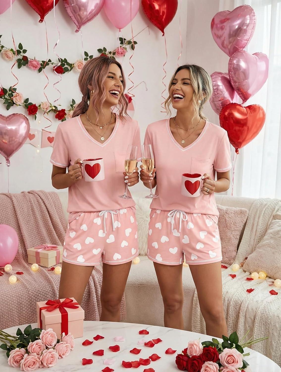 imageEkouaer Womens Pajamas Sets Short Sleeve Lounge Sets Sleepwear Casual Two Piece Pjs With PocketsWhite Heart