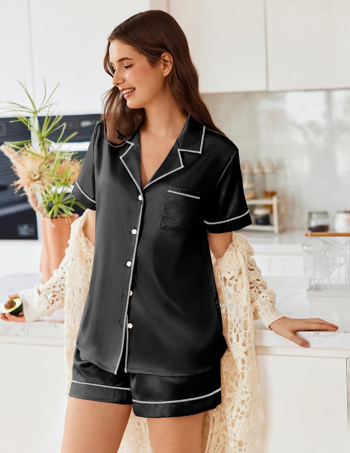 imageEkouaer Womens Satin Silk Pajamas Set Short Sleeve Sleepwear Button Down Top and Shorts Loungewear 2 Piece Pjs Set SXXLBlack