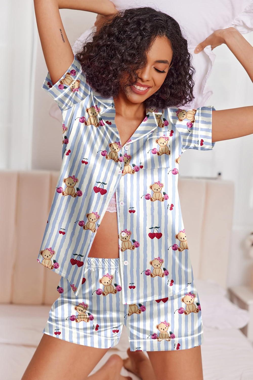 imageEkouaer Womens Satin Silk Pajamas Set Short Sleeve Sleepwear Button Down Top and Shorts Loungewear 2 Piece Pjs Set SXXLBlue Striped Bear
