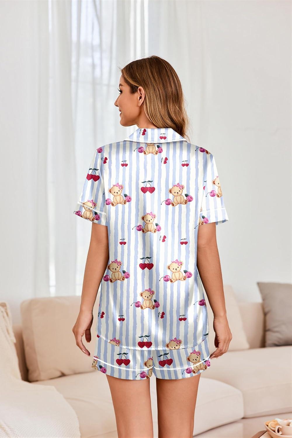 imageEkouaer Womens Satin Silk Pajamas Set Short Sleeve Sleepwear Button Down Top and Shorts Loungewear 2 Piece Pjs Set SXXLBlue Striped Bear