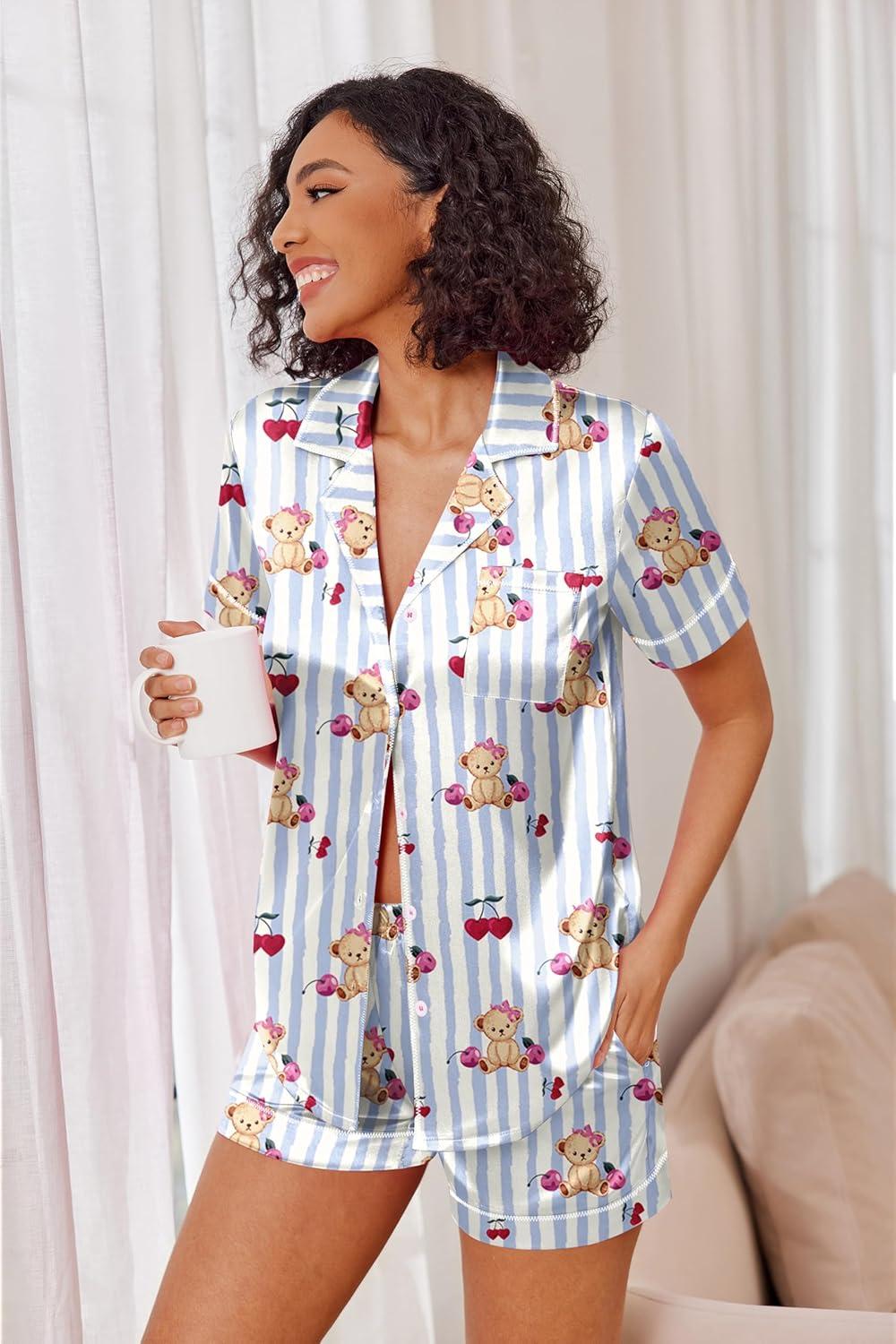 imageEkouaer Womens Satin Silk Pajamas Set Short Sleeve Sleepwear Button Down Top and Shorts Loungewear 2 Piece Pjs Set SXXLBlue Striped Bear