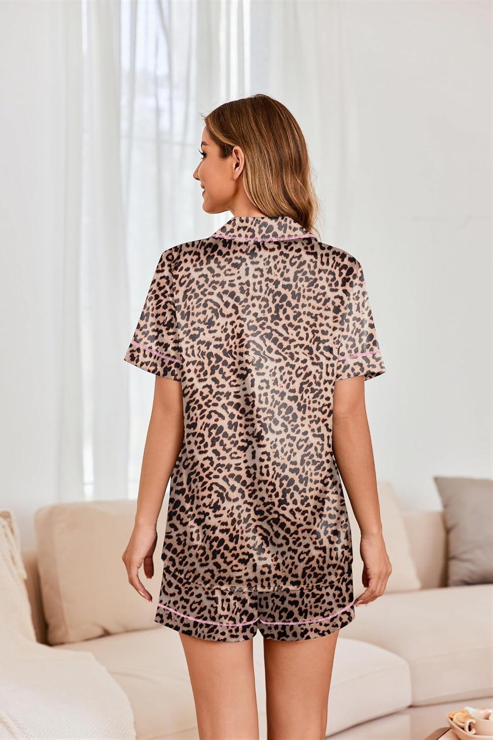 imageEkouaer Womens Satin Silk Pajamas Set Short Sleeve Sleepwear Button Down Top and Shorts Loungewear 2 Piece Pjs Set SXXLBrown Leopard