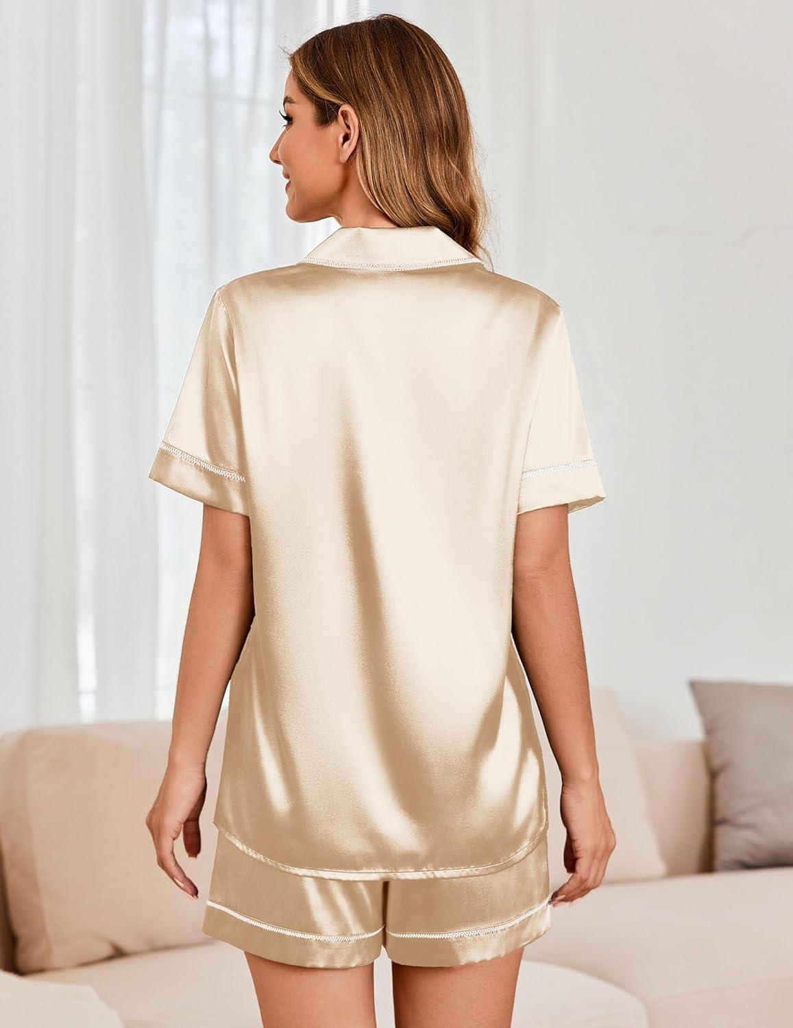 imageEkouaer Womens Satin Silk Pajamas Set Short Sleeve Sleepwear Button Down Top and Shorts Loungewear 2 Piece Pjs Set SXXLChampagne