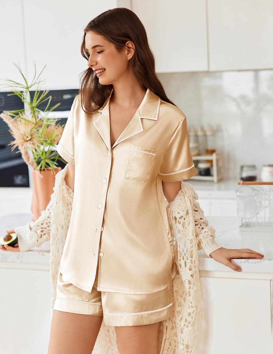 imageEkouaer Womens Satin Silk Pajamas Set Short Sleeve Sleepwear Button Down Top and Shorts Loungewear 2 Piece Pjs Set SXXLChampagne