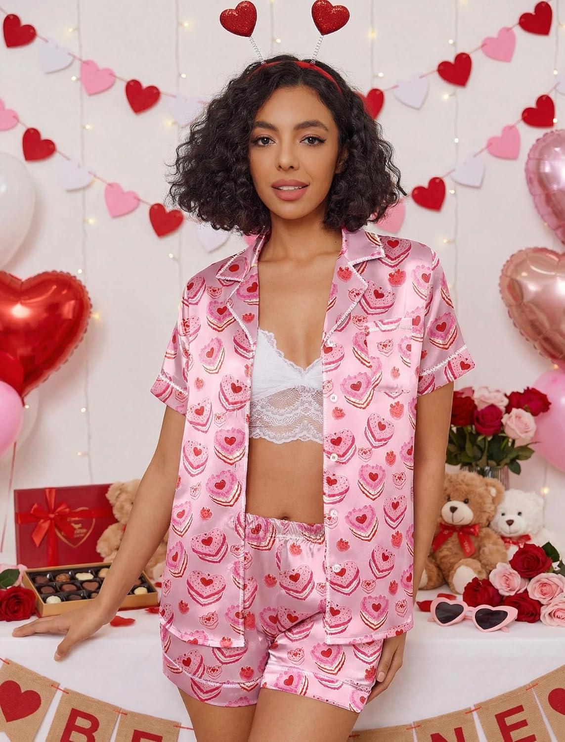imageEkouaer Womens Satin Silk Pajamas Set Short Sleeve Sleepwear Button Down Top and Shorts Loungewear 2 Piece Pjs Set SXXLHeartshaped Cake
