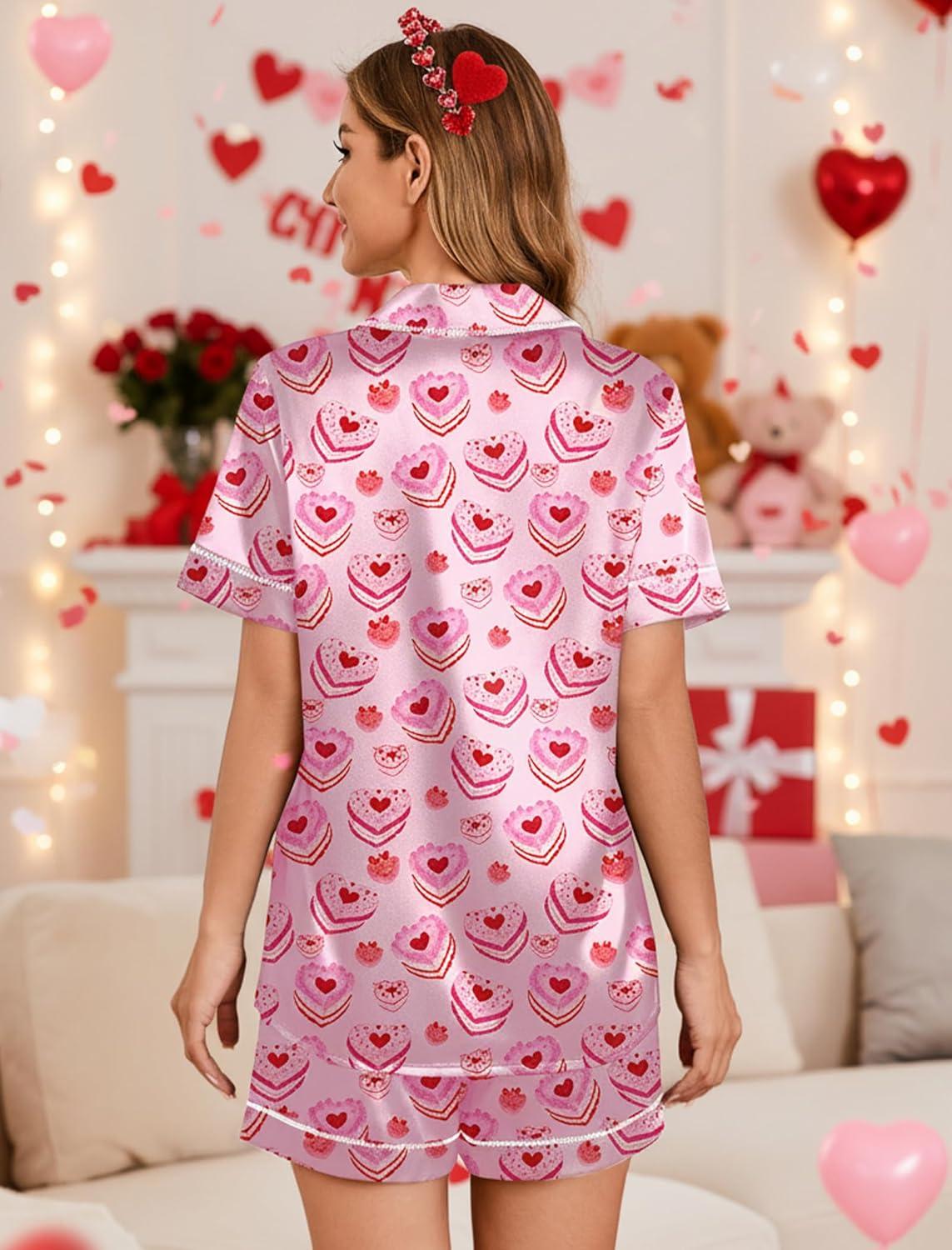 imageEkouaer Womens Satin Silk Pajamas Set Short Sleeve Sleepwear Button Down Top and Shorts Loungewear 2 Piece Pjs Set SXXLHeartshaped Cake