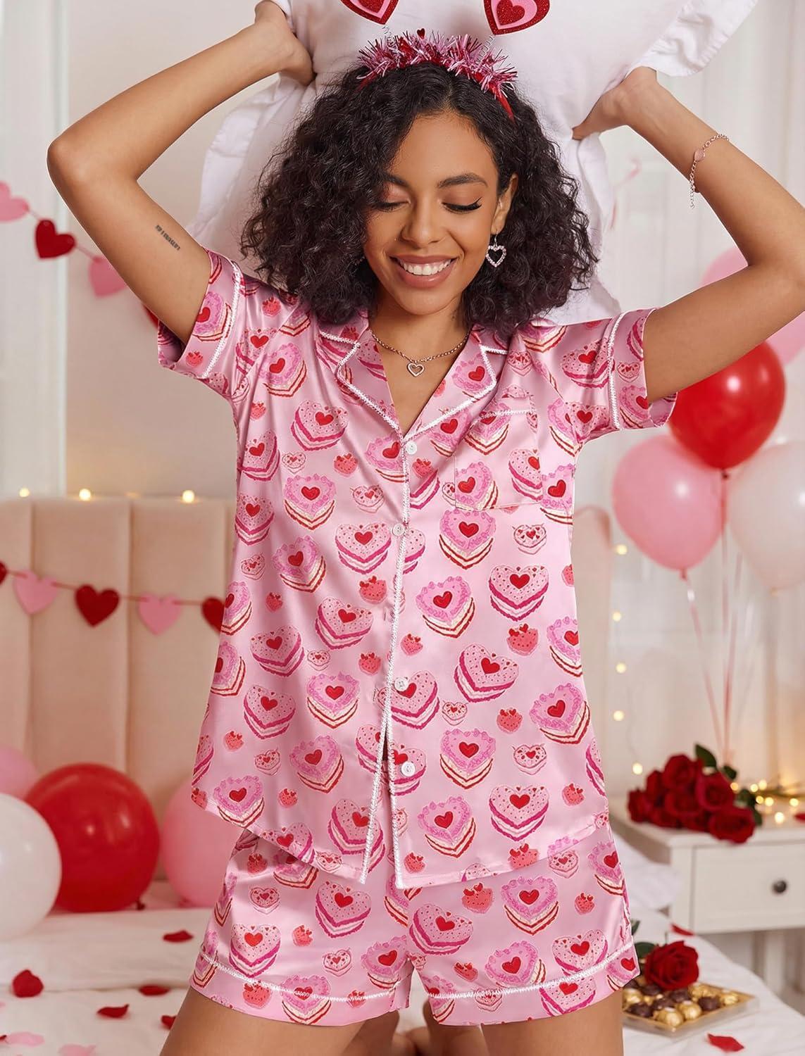 imageEkouaer Womens Satin Silk Pajamas Set Short Sleeve Sleepwear Button Down Top and Shorts Loungewear 2 Piece Pjs Set SXXLHeartshaped Cake