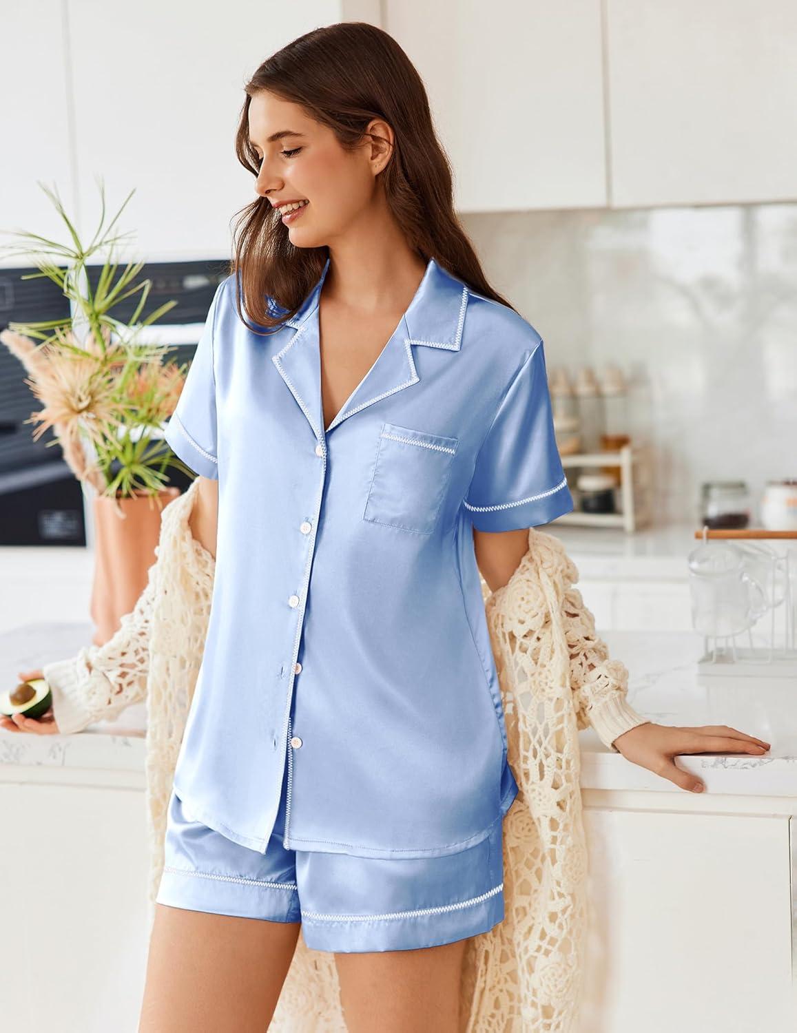 imageEkouaer Womens Satin Silk Pajamas Set Short Sleeve Sleepwear Button Down Top and Shorts Loungewear 2 Piece Pjs Set SXXLLight Blue