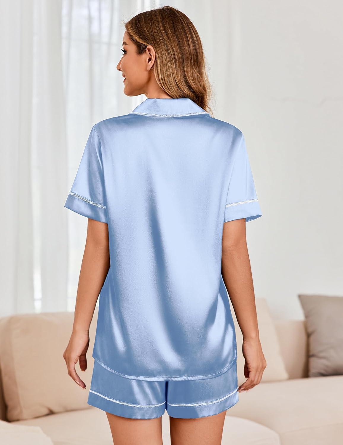 imageEkouaer Womens Satin Silk Pajamas Set Short Sleeve Sleepwear Button Down Top and Shorts Loungewear 2 Piece Pjs Set SXXLLight Blue