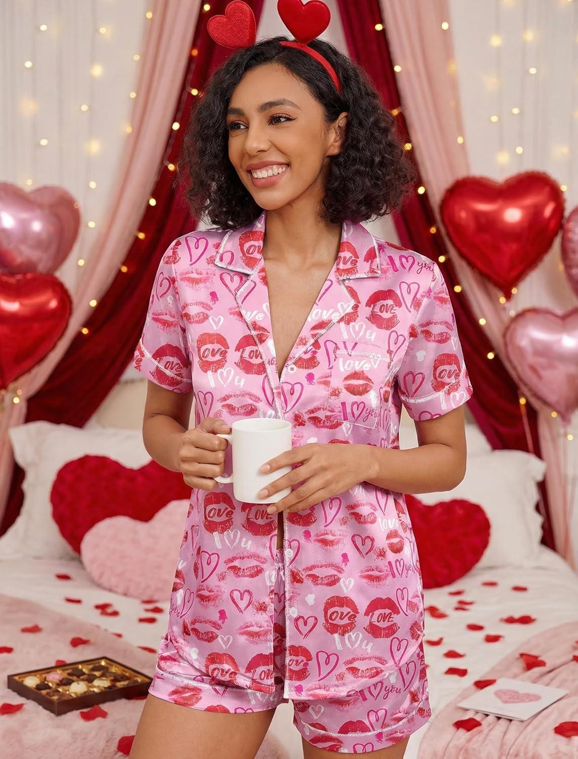 imageEkouaer Womens Satin Silk Pajamas Set Short Sleeve Sleepwear Button Down Top and Shorts Loungewear 2 Piece Pjs Set SXXLLip Print Heart