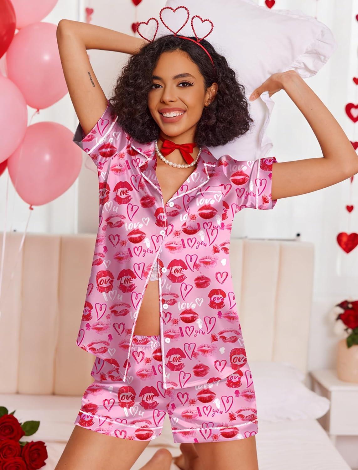 imageEkouaer Womens Satin Silk Pajamas Set Short Sleeve Sleepwear Button Down Top and Shorts Loungewear 2 Piece Pjs Set SXXLLip Print Heart