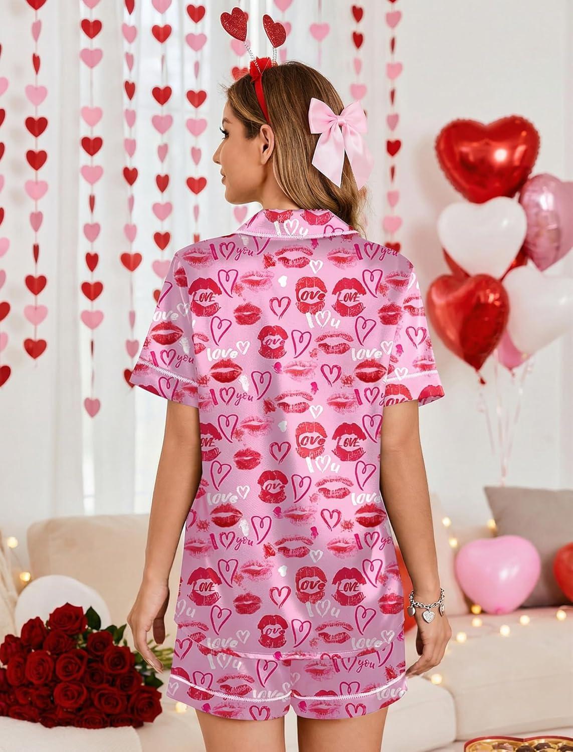imageEkouaer Womens Satin Silk Pajamas Set Short Sleeve Sleepwear Button Down Top and Shorts Loungewear 2 Piece Pjs Set SXXLLip Print Heart