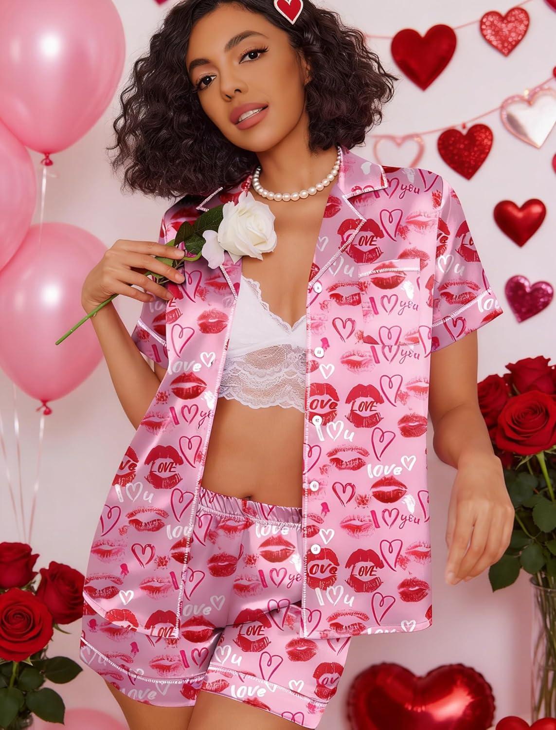 imageEkouaer Womens Satin Silk Pajamas Set Short Sleeve Sleepwear Button Down Top and Shorts Loungewear 2 Piece Pjs Set SXXLLip Print Heart
