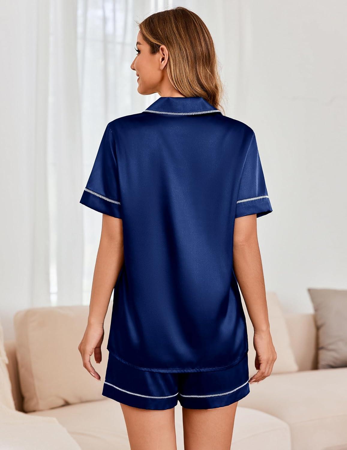 imageEkouaer Womens Satin Silk Pajamas Set Short Sleeve Sleepwear Button Down Top and Shorts Loungewear 2 Piece Pjs Set SXXLNavy Blue