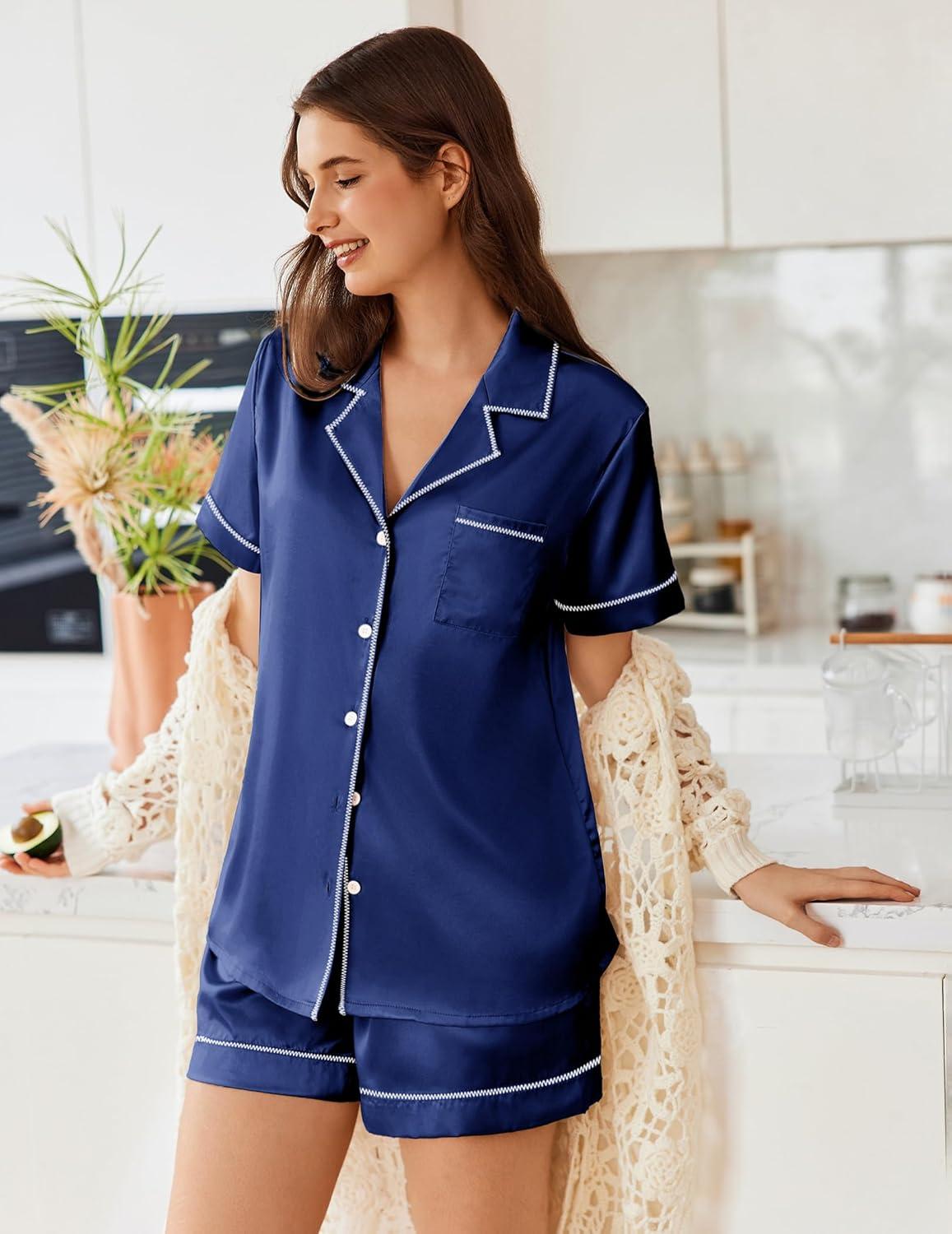 imageEkouaer Womens Satin Silk Pajamas Set Short Sleeve Sleepwear Button Down Top and Shorts Loungewear 2 Piece Pjs Set SXXLNavy Blue