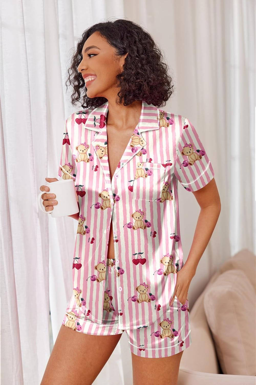 imageEkouaer Womens Satin Silk Pajamas Set Short Sleeve Sleepwear Button Down Top and Shorts Loungewear 2 Piece Pjs Set SXXLPink Striped Bear