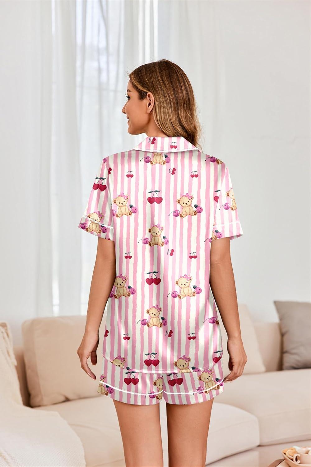 imageEkouaer Womens Satin Silk Pajamas Set Short Sleeve Sleepwear Button Down Top and Shorts Loungewear 2 Piece Pjs Set SXXLPink Striped Bear
