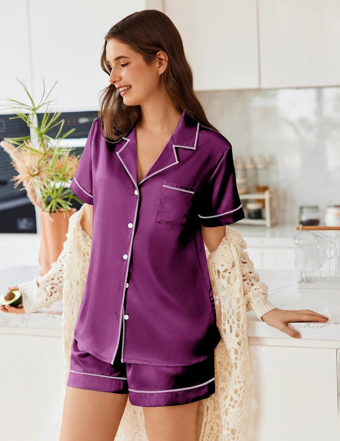 imageEkouaer Womens Satin Silk Pajamas Set Short Sleeve Sleepwear Button Down Top and Shorts Loungewear 2 Piece Pjs Set SXXLPurple