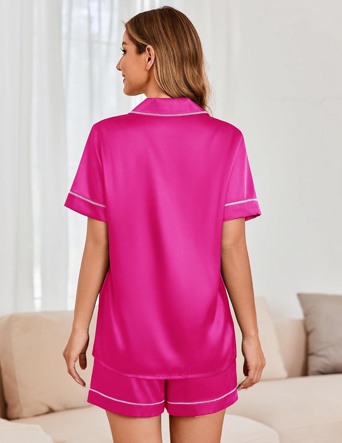 imageEkouaer Womens Satin Silk Pajamas Set Short Sleeve Sleepwear Button Down Top and Shorts Loungewear 2 Piece Pjs Set SXXLRose Red