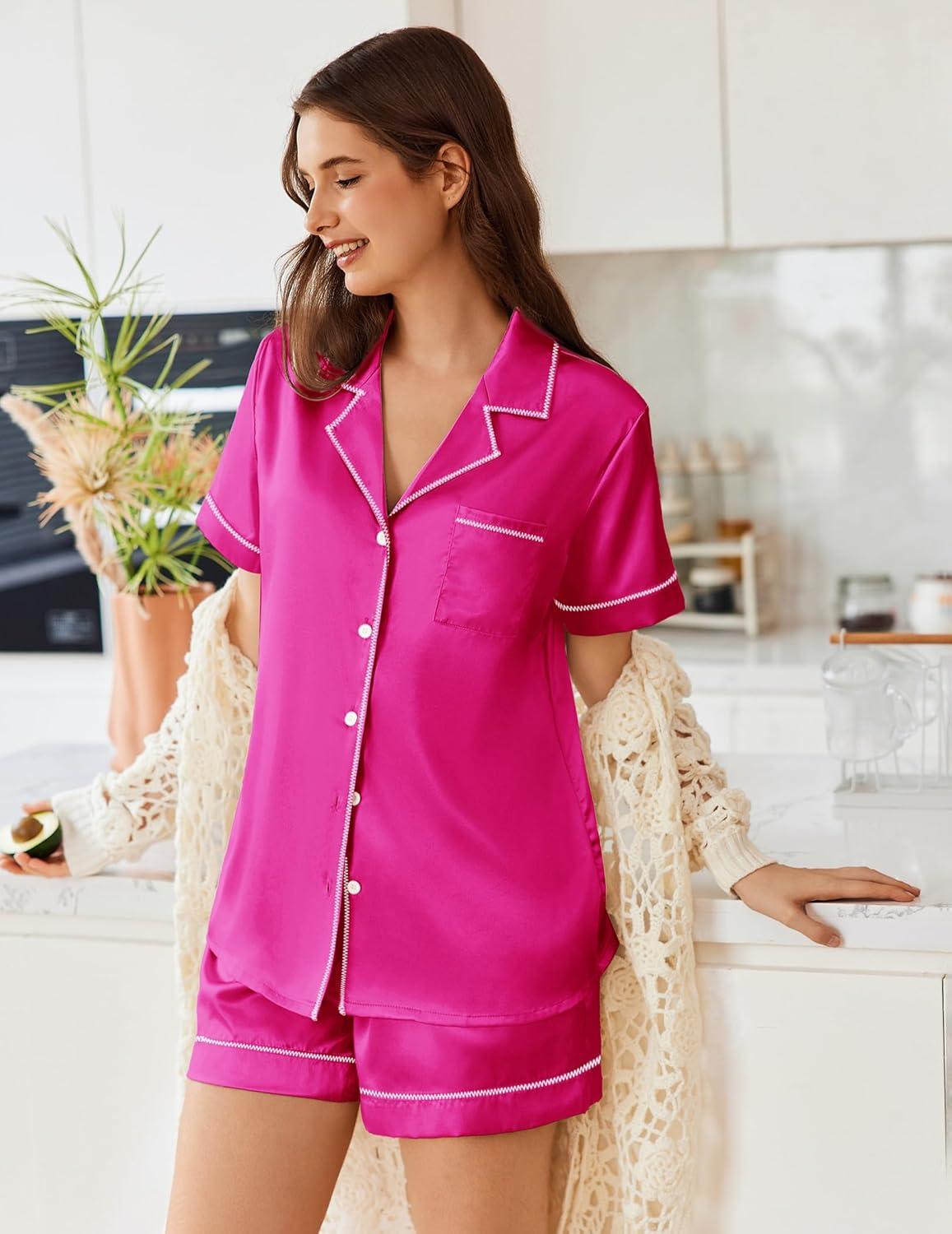 imageEkouaer Womens Satin Silk Pajamas Set Short Sleeve Sleepwear Button Down Top and Shorts Loungewear 2 Piece Pjs Set SXXLRose Red