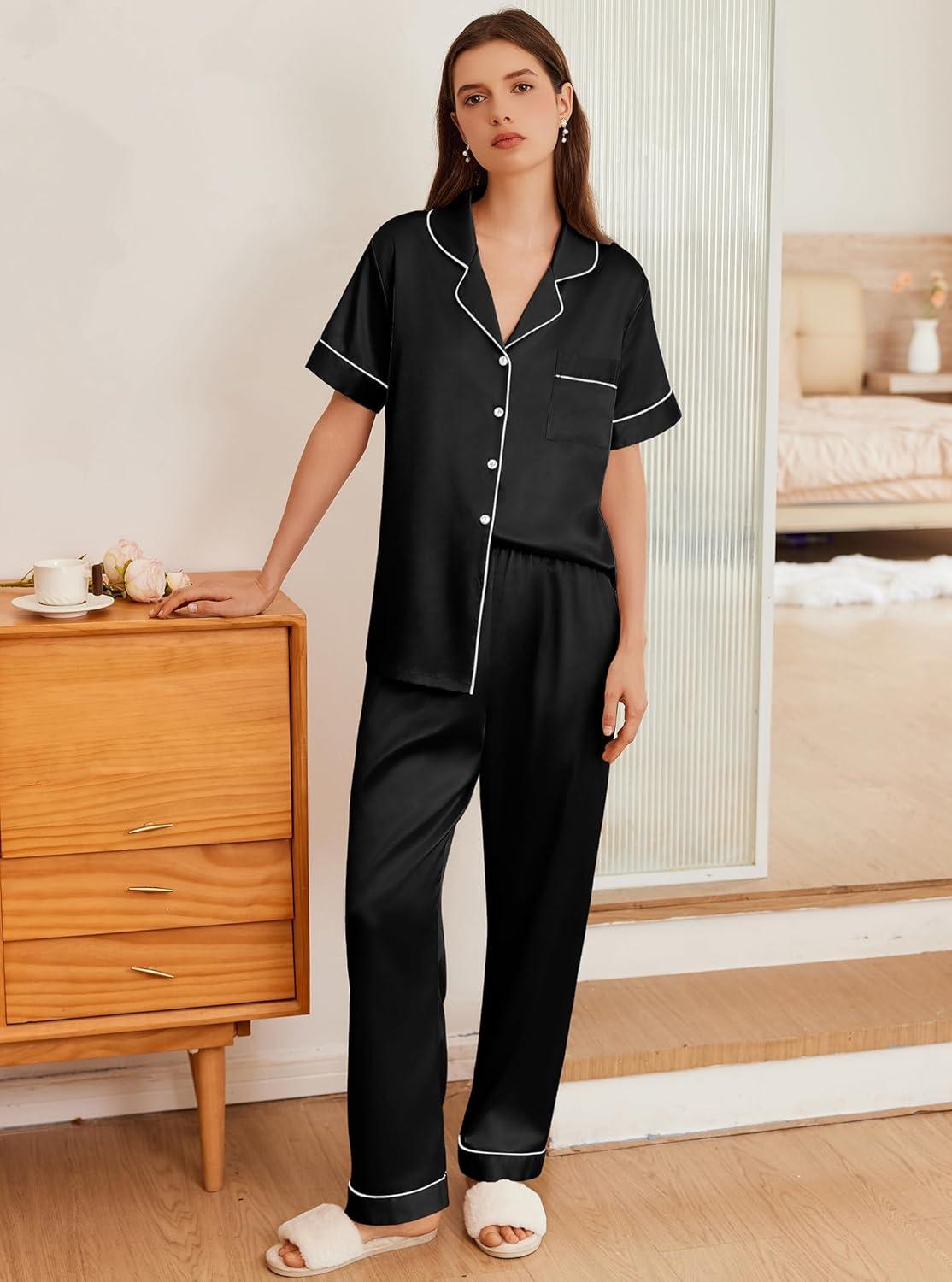 imageEkouaer Womens Silk Pajama Sets Silky Short Sleeve Pjs 2 Piece Silk Button Down Pajamas Soft Satin Pj Pants SetBlack