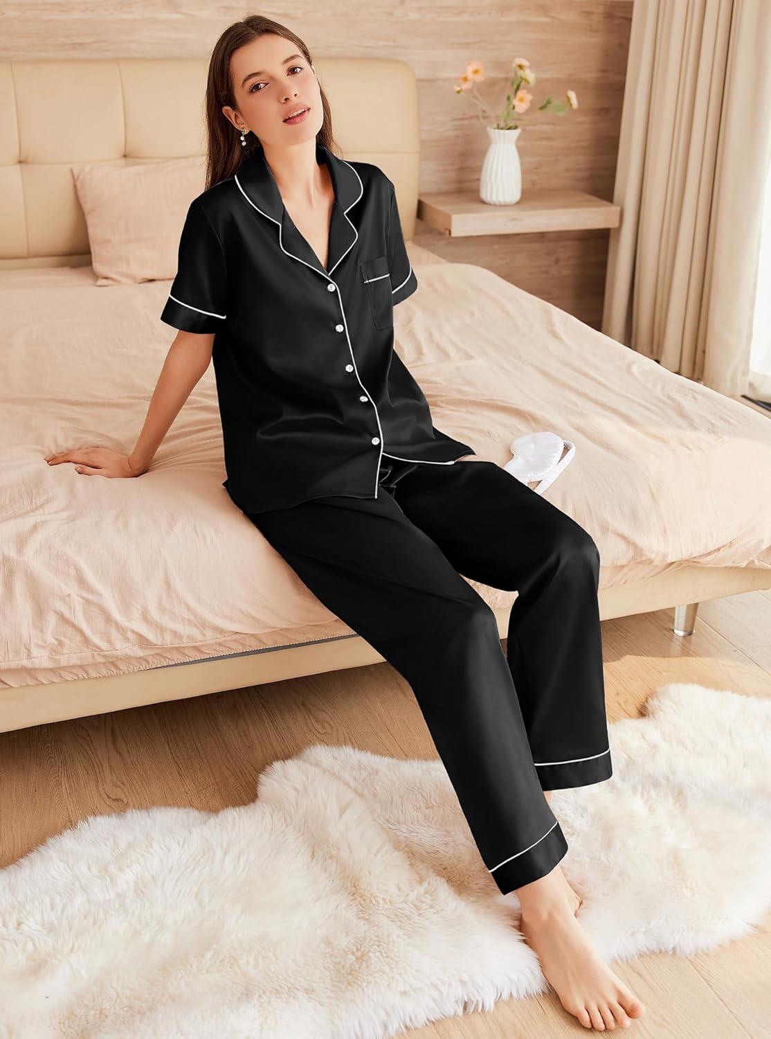 imageEkouaer Womens Silk Pajama Sets Silky Short Sleeve Pjs 2 Piece Silk Button Down Pajamas Soft Satin Pj Pants SetBlack