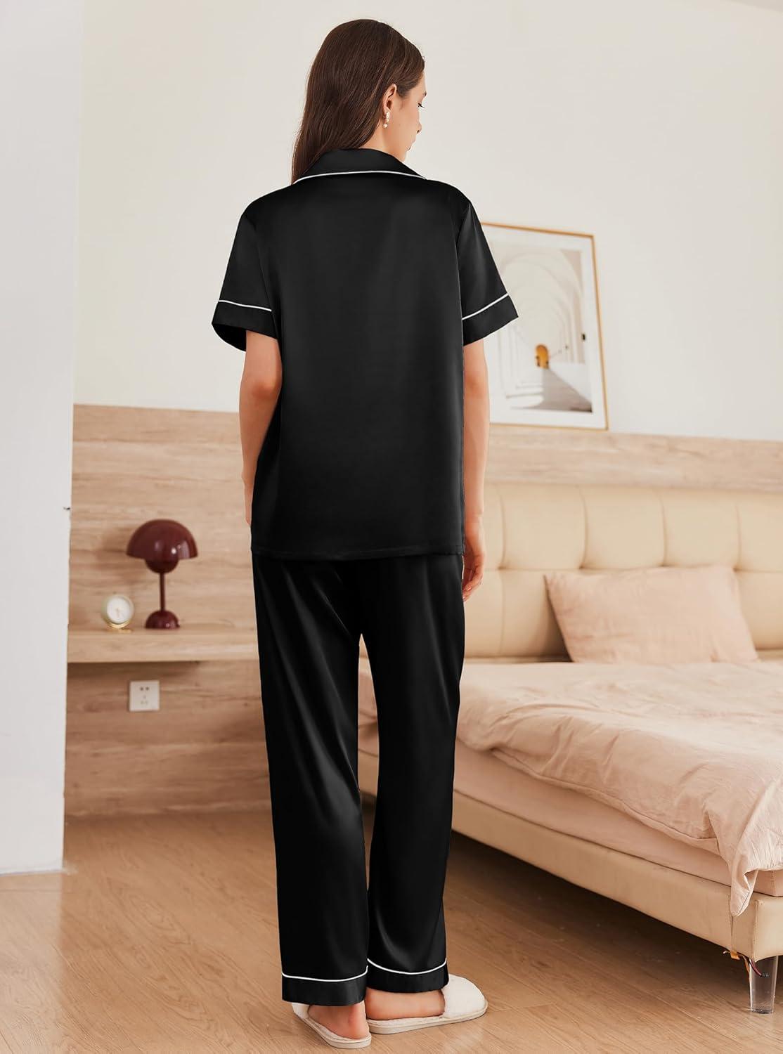 imageEkouaer Womens Silk Pajama Sets Silky Short Sleeve Pjs 2 Piece Silk Button Down Pajamas Soft Satin Pj Pants SetBlack