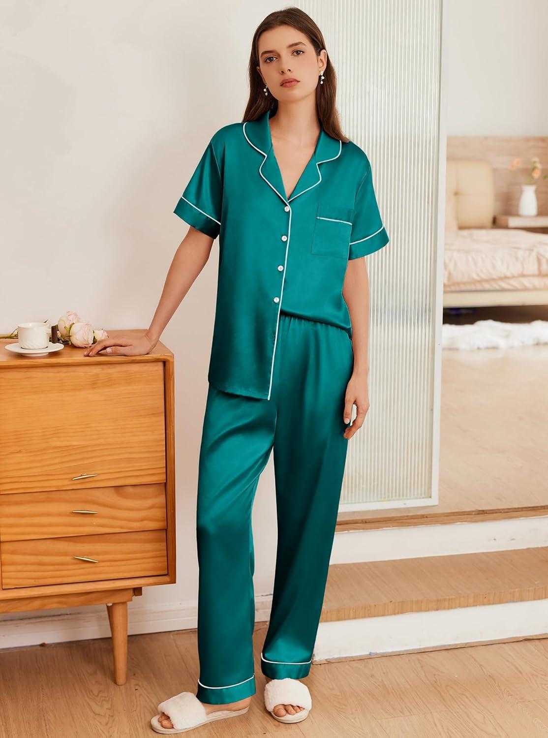 imageEkouaer Womens Silk Pajama Sets Silky Short Sleeve Pjs 2 Piece Silk Button Down Pajamas Soft Satin Pj Pants SetBlue Green