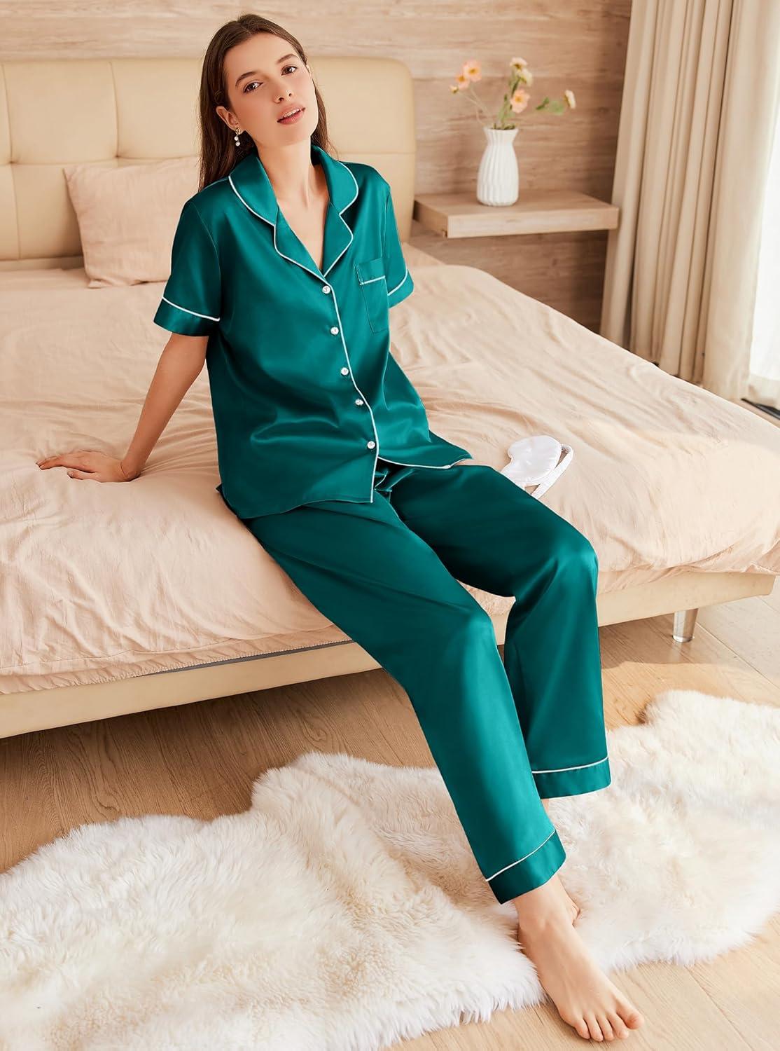 imageEkouaer Womens Silk Pajama Sets Silky Short Sleeve Pjs 2 Piece Silk Button Down Pajamas Soft Satin Pj Pants SetBlue Green