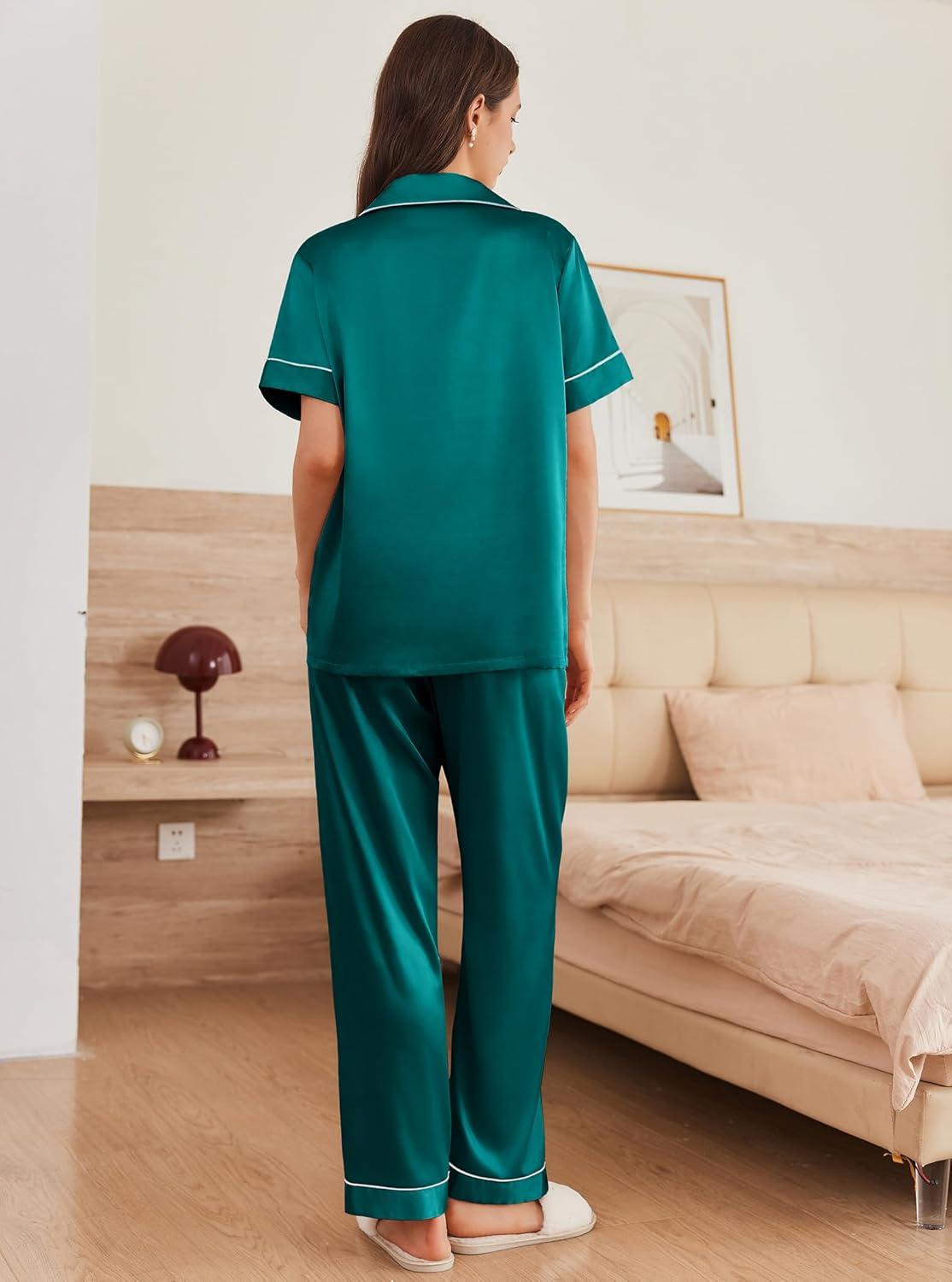 imageEkouaer Womens Silk Pajama Sets Silky Short Sleeve Pjs 2 Piece Silk Button Down Pajamas Soft Satin Pj Pants SetBlue Green